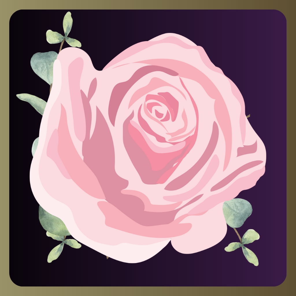 Logo: a pink rose with sprigs of eucalyptus.