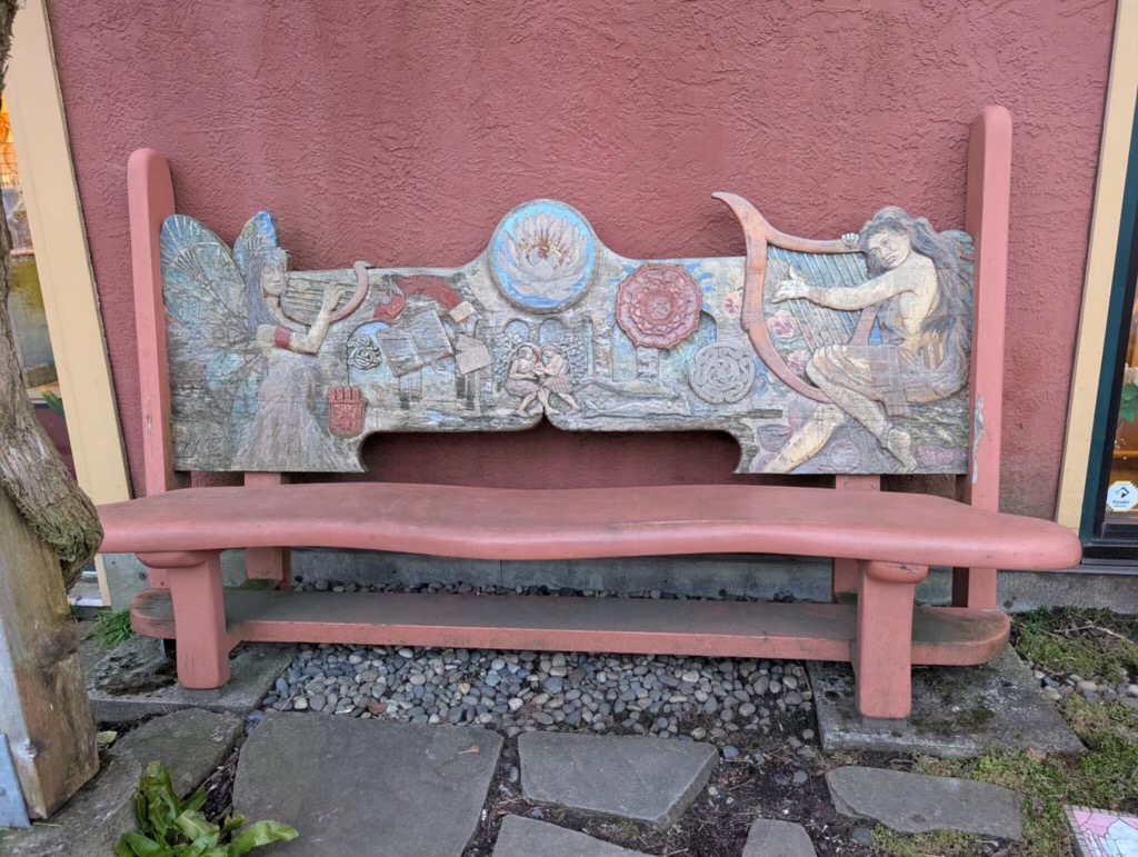 Carved bench outside Banyen Books